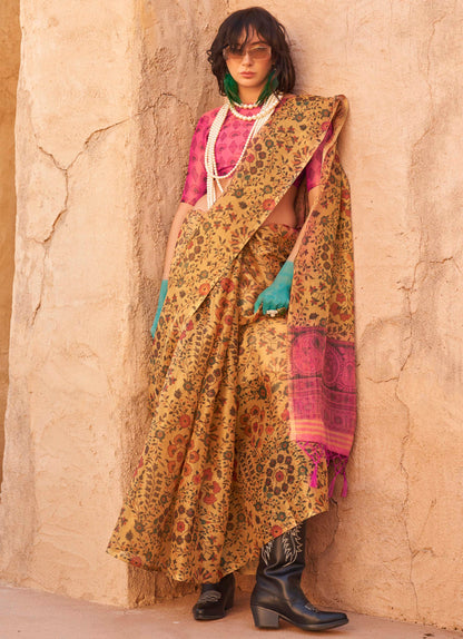 Dijon Yellow Organza Saree with Pink Designer Blouse
