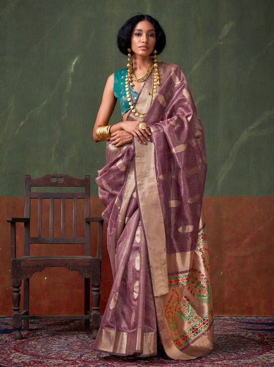 Plum Purple Tissue Silk Saree with Blue Designer Blouse