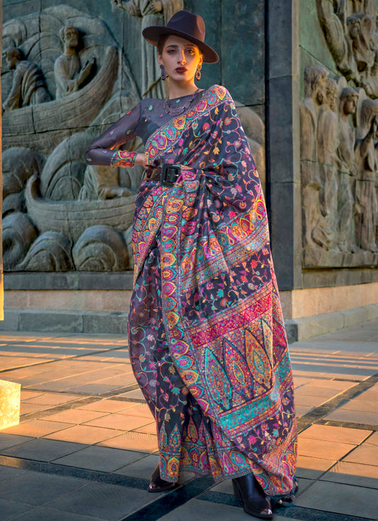 Blue Floral Kashmiri Kani Silk Saree with Fancy Blouse