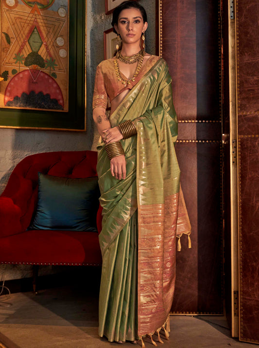 Moss Green Tussar Silk Saree with Contrast Tangerine Orange Blouse