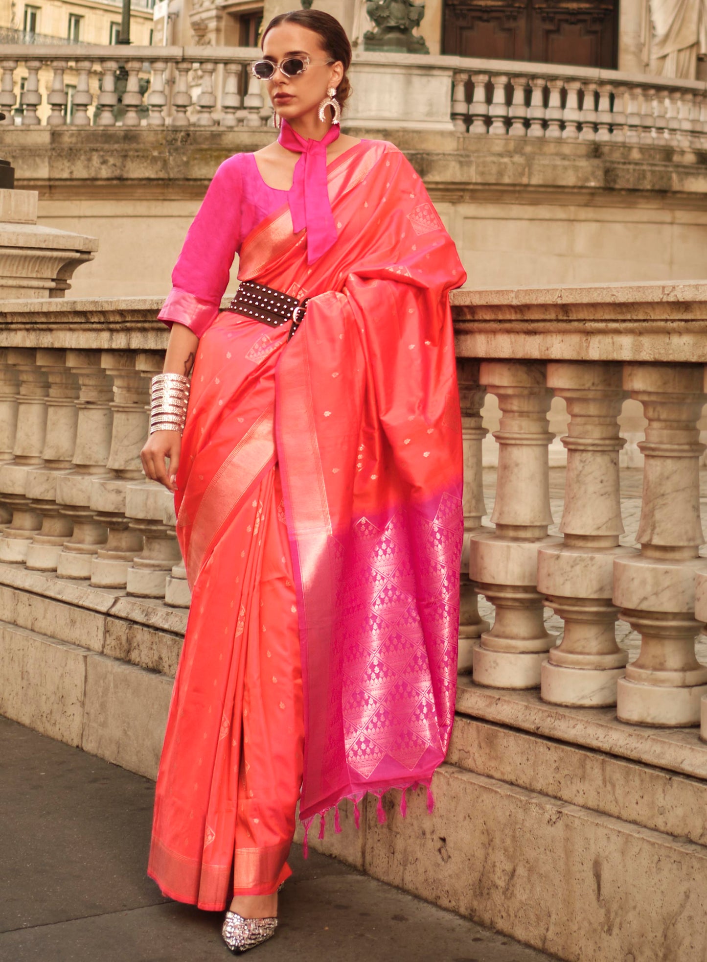 RED & Pink Border Banarasi Silk Saree with Hot Pink Fancy Blouse
