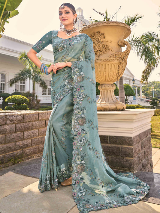 Air Force Blue Floral Design Border Bridal Indian Saree with Designer Blouse