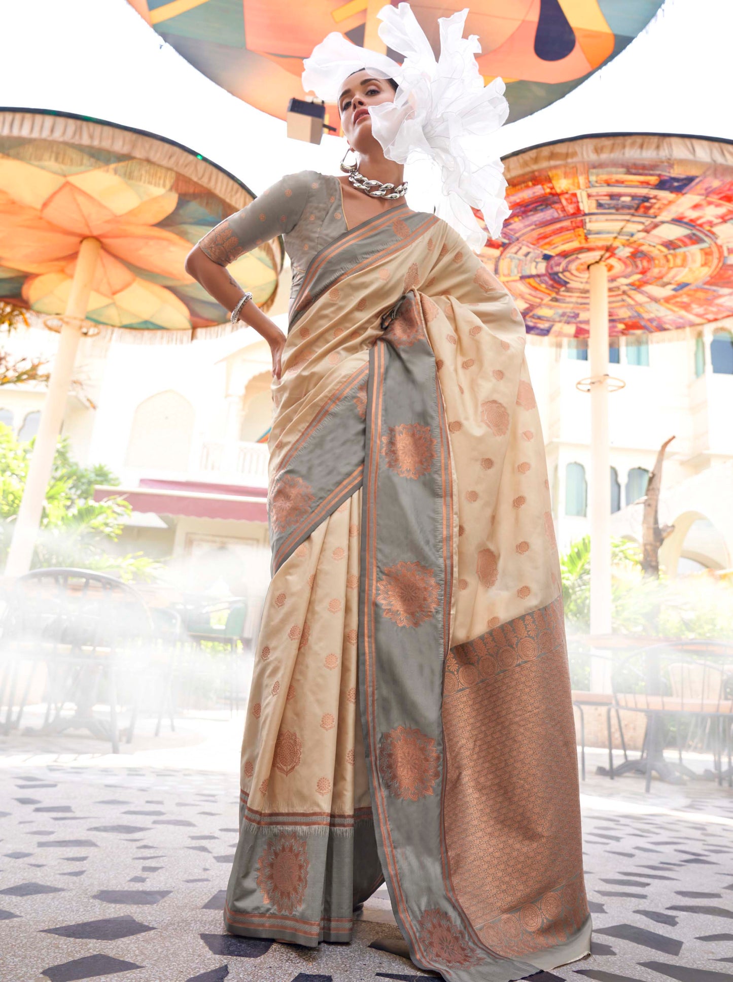 Cream & Golden Border Kanjeevaram Silk Saree with Grey Designer Blouse