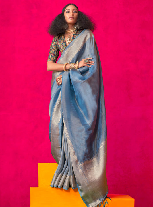Steel Blue Kanjeevaram Silk Saree with Designer Blouse