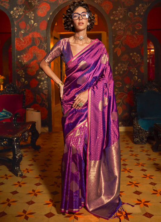 Fandango Purple & Golden Banarasi Silk Saree with Pretty Blouse