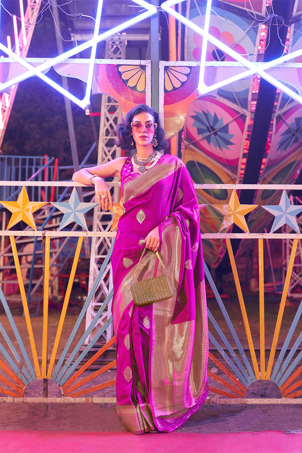 Fandango Purple & Golden Border Banarasi Silk Saree with Contrast Blouse