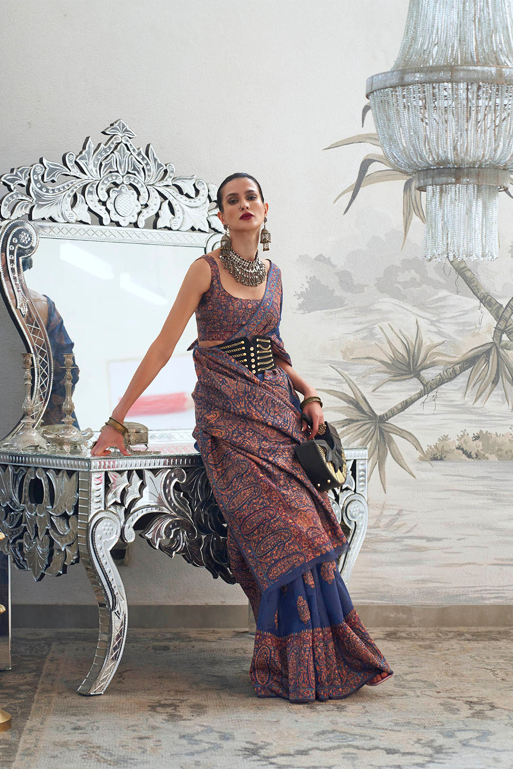 Navy Blue Designer Kashmiri Kani Saree with Same Colored Sleeve Less Blouse