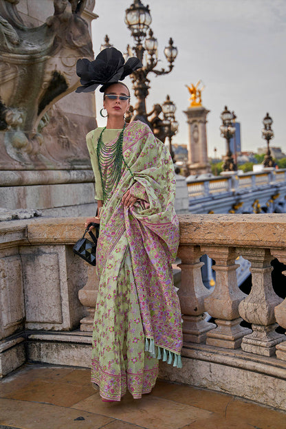 Mint Green Designer Border Kashmiri Silk Saree with Pretty Blouse