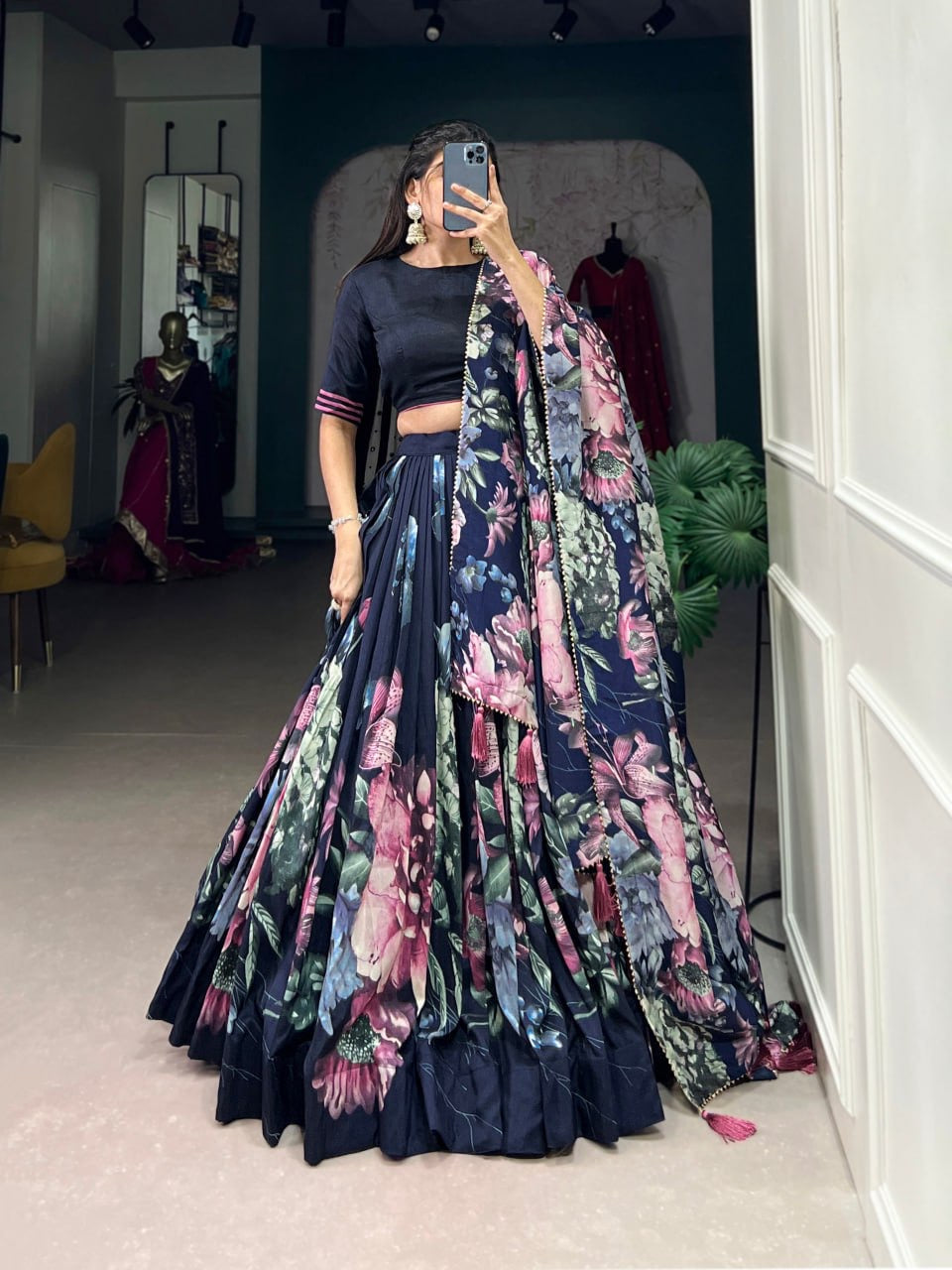 Navy Blue Designer Lehenga Choli with Blouse & Dupatta Having Embellished