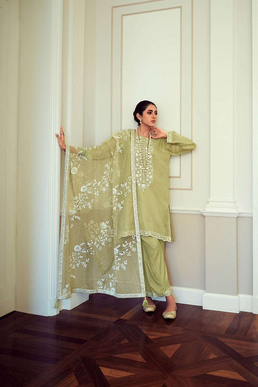Pastel Green Thread Embroidered Soft Silk Salwar Suit with Dupatta