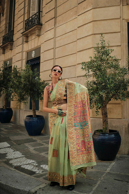 Kelly Green & Golden Heavy Border Kashmiri Silk Saree with Sleeve Less Designer Blouse