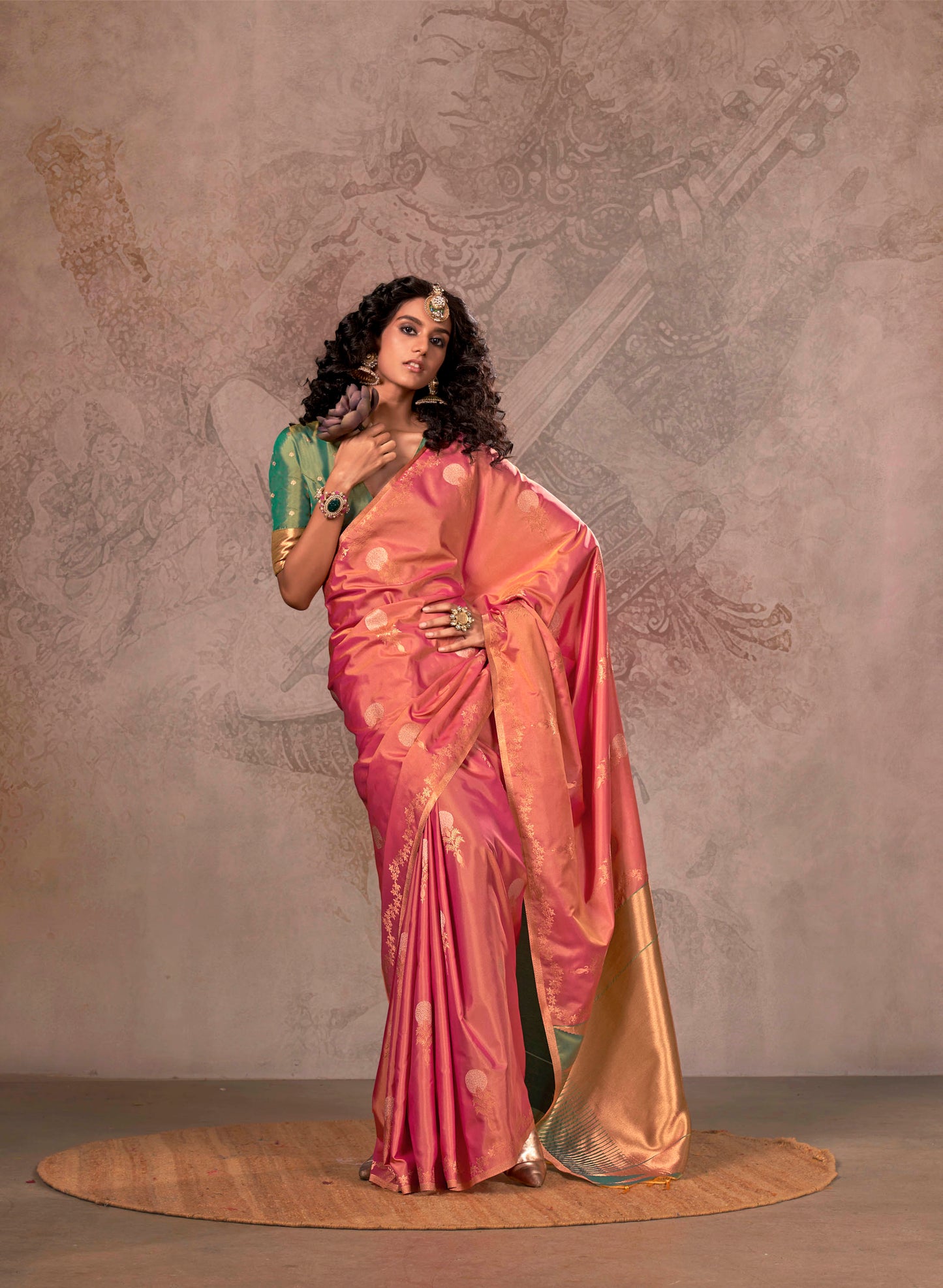Tiger Orange Kanjeevaram SIlk Saree with Green Designer Blouse