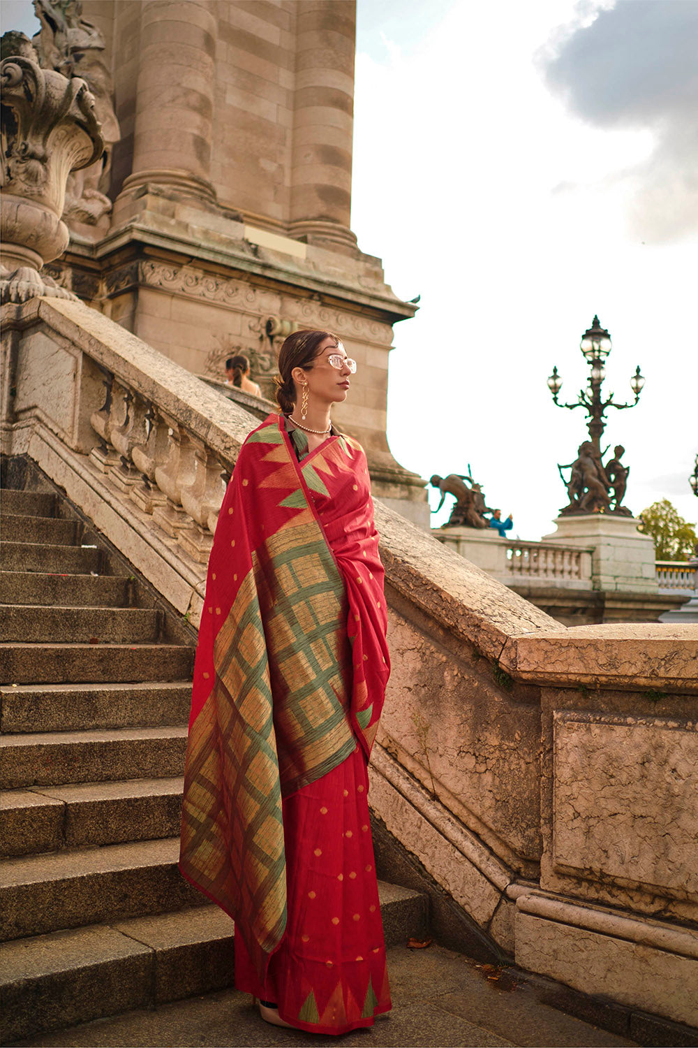 Crimson Red & Olive Green Border Banarasi Silk Saree with Designer Blouse