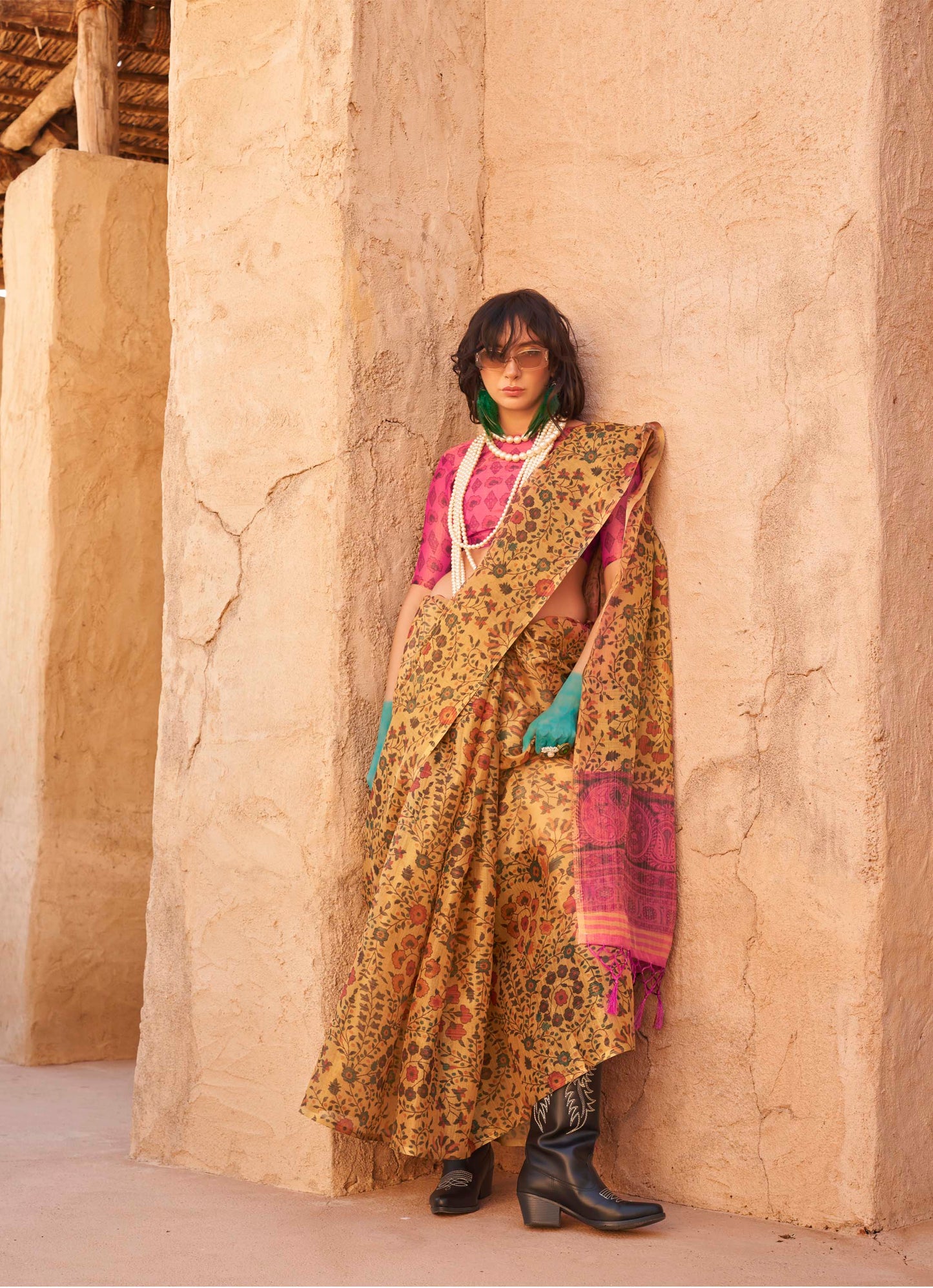 Dijon Yellow Organza Saree with Pink Designer Blouse