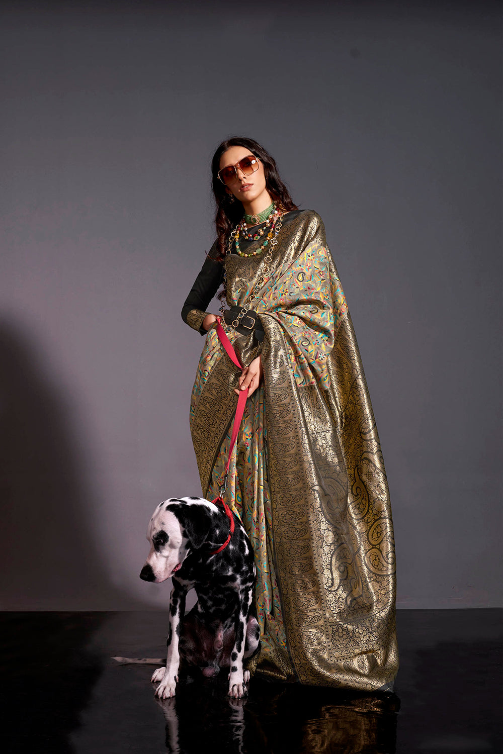 Black Golden & Multi-colored Floral Designs Kashmiri Saree with Black Fancy Blouse