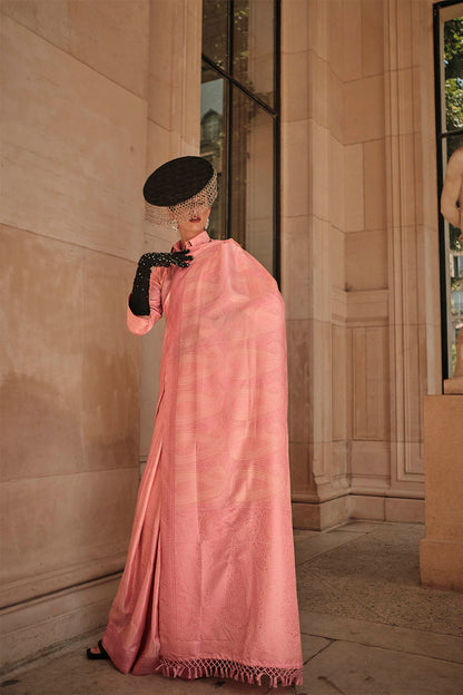 Brick Pink Kanjeevaram Silk Saree with Same Colored Designer Blouse