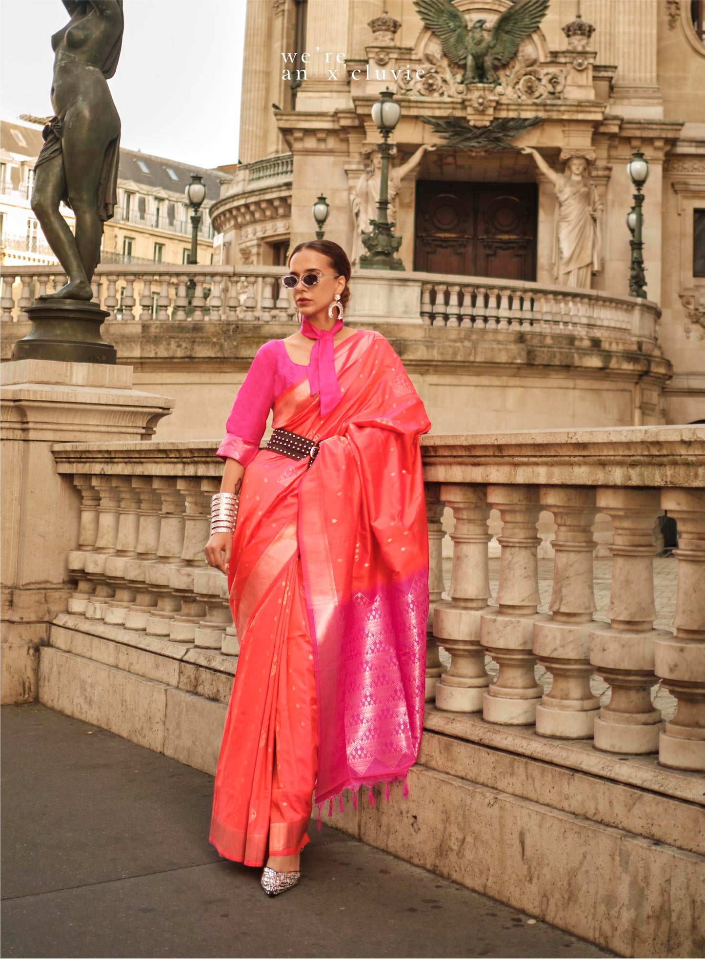 RED & Pink Border Banarasi Silk Saree with Hot Pink Fancy Blouse