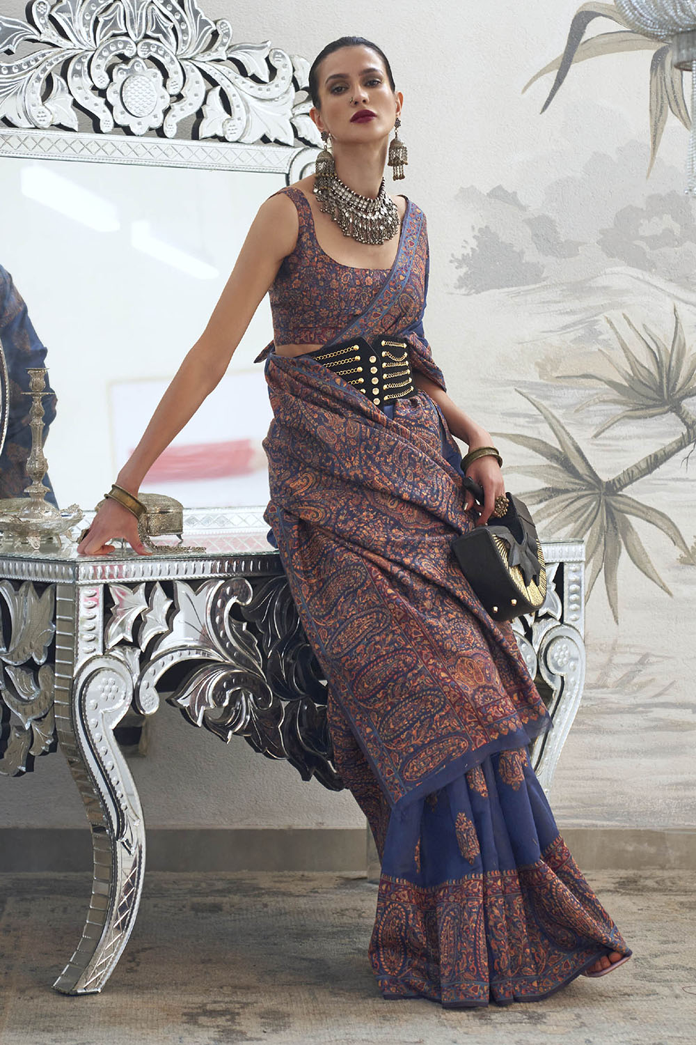 Navy Blue Designer Kashmiri Kani Saree with Same Colored Sleeve Less Blouse