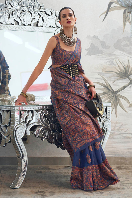 Navy Blue Designer Kashmiri Kani Saree with Same Colored Sleeve Less Blouse