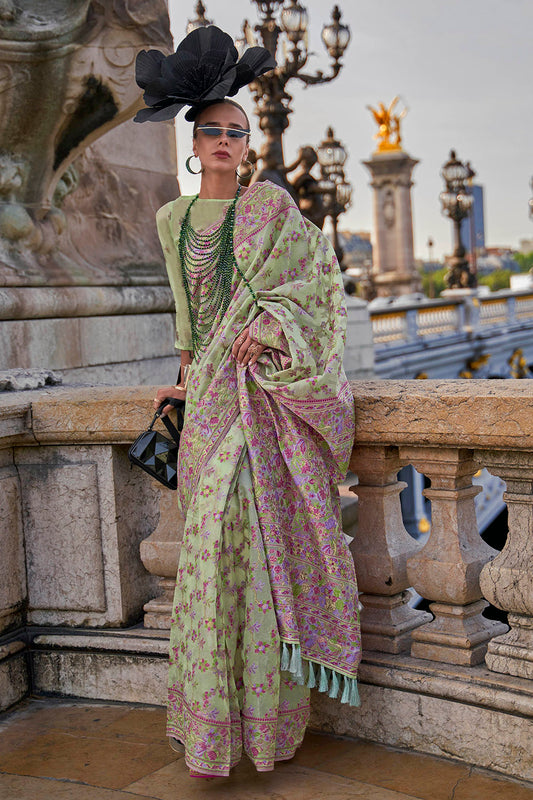 Mint Green Designer Border Kashmiri Silk Saree with Pretty Blouse