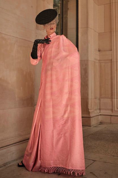 Brick Pink Kanjeevaram Silk Saree with Same Colored Designer Blouse