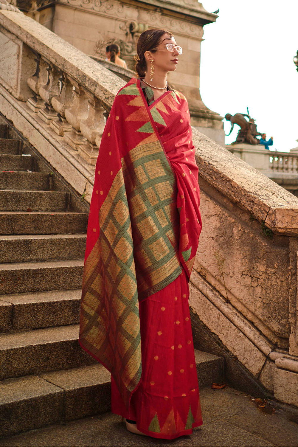 Crimson Red & Olive Green Border Banarasi Silk Saree with Designer Blouse