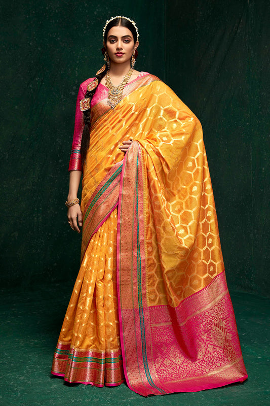 Amber Yellow & Magenta Pink Border Banarasi Silk Saree with Pink Fancy Blouse