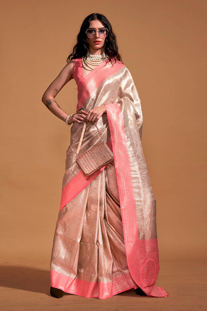 Cream & Peach Pink Kanjeevaram Silk Saree with Contrast Peach Blouse