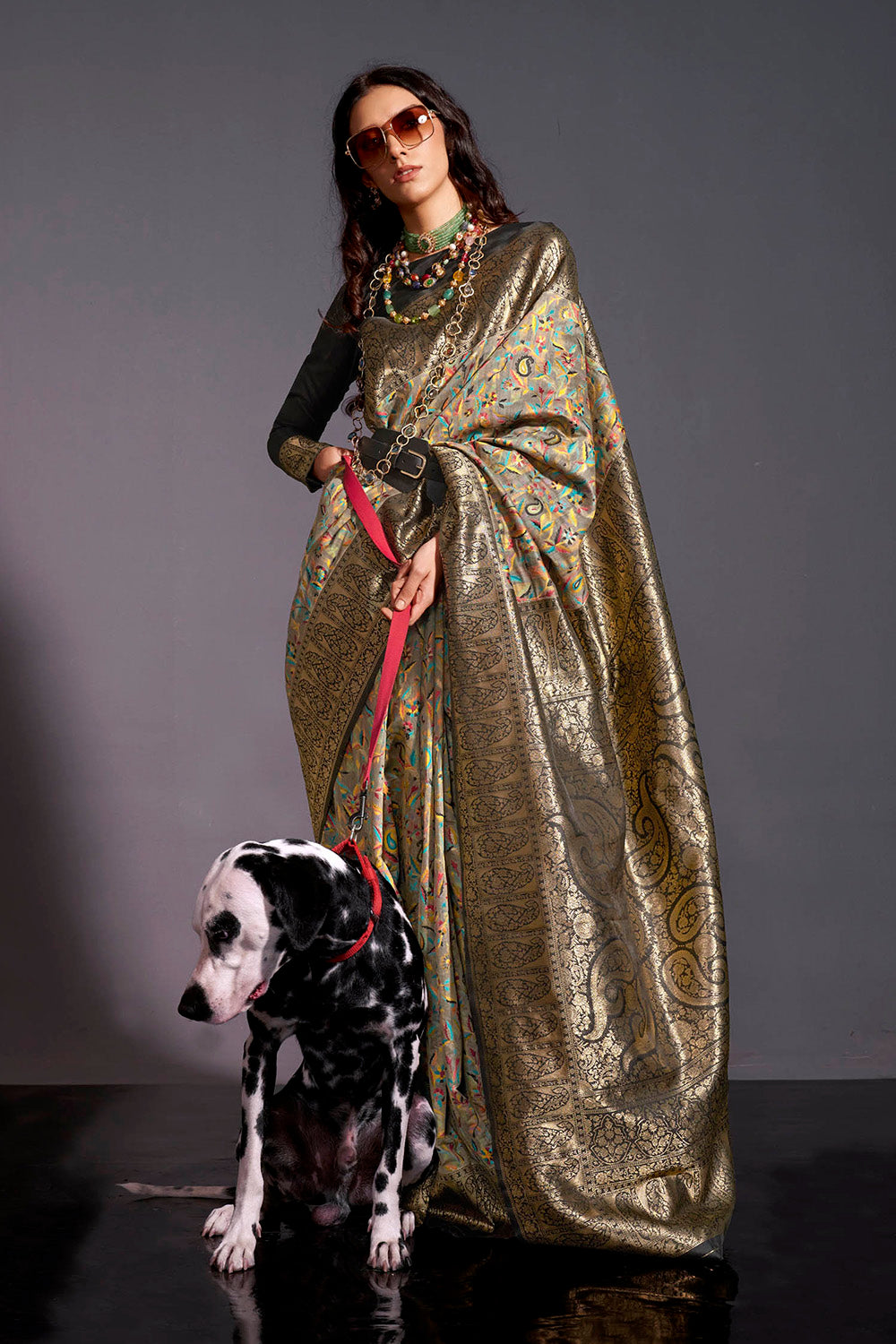 Black Golden & Multi-colored Floral Designs Kashmiri Saree with Black Fancy Blouse