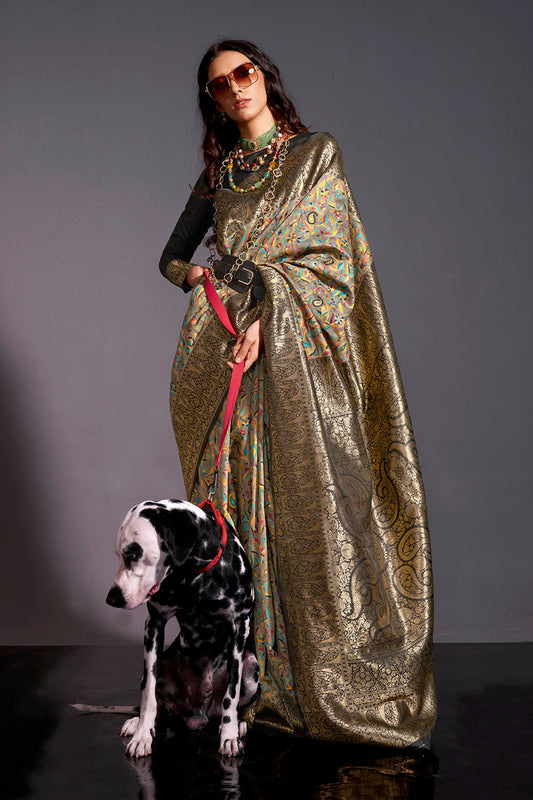 Black Golden & Multi-colored Floral Designs Kashmiri Saree with Black Fancy Blouse