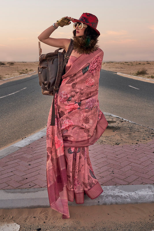 Brick Pink & Multicolored Printed Saree with Brick Pink Pretty Blouse