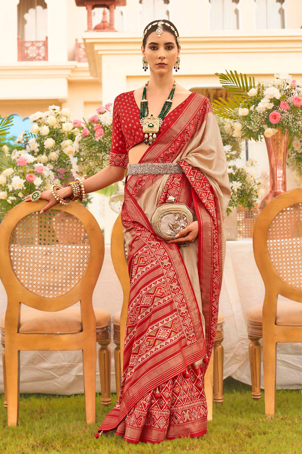 Red & Cream Ikkat Patola Saree with Designer Blouse