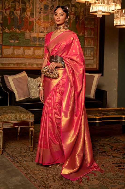 Ferrari Red & Golden Border Banarasi Silk Saree with Same Colored Blouse