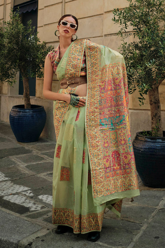 Kelly Green & Golden Heavy Border Kashmiri Silk Saree with Sleeve Less Designer Blouse