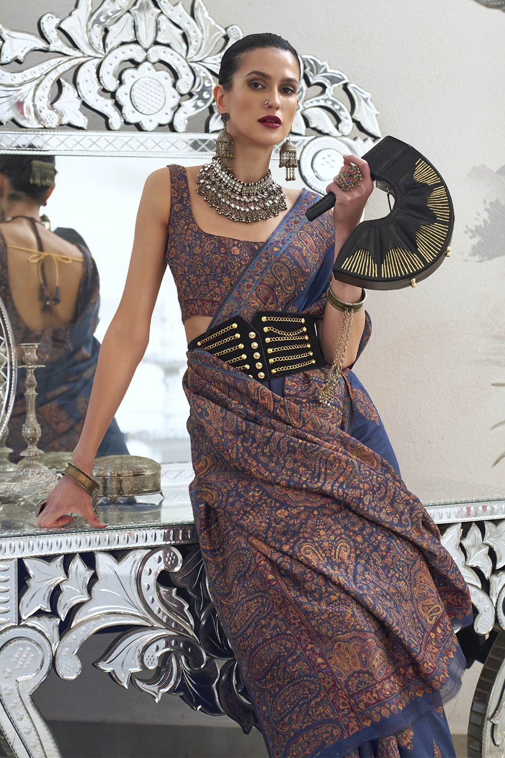Navy Blue Designer Kashmiri Kani Saree with Same Colored Sleeve Less Blouse
