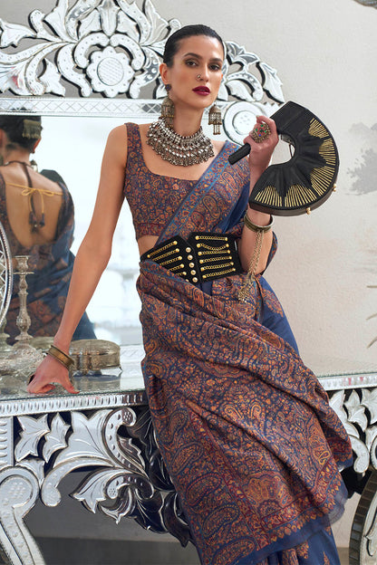 Navy Blue Designer Kashmiri Kani Saree with Same Colored Sleeve Less Blouse