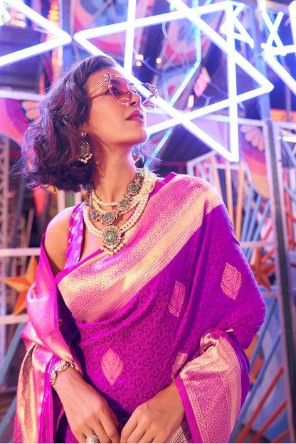 Fandango Purple & Golden Border Banarasi Silk Saree with Contrast Blouse
