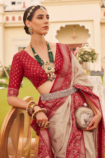 Red & Cream Ikkat Patola Saree with Designer Blouse