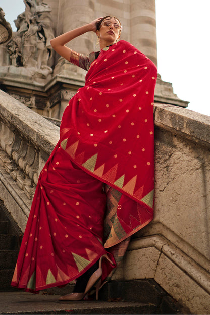 Crimson Red & Olive Green Border Banarasi Silk Saree with Designer Blouse