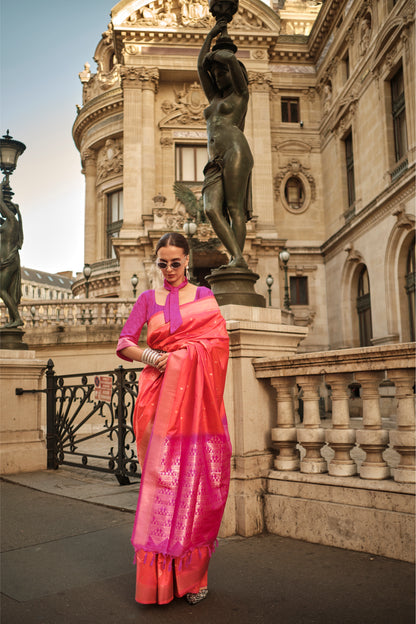 RED & Pink Border Banarasi Silk Saree with Hot Pink Fancy Blouse