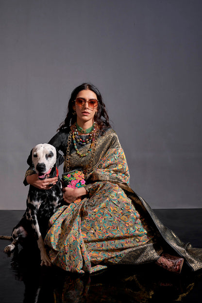 Black Golden & Multi-colored Floral Designs Kashmiri Saree with Black Fancy Blouse