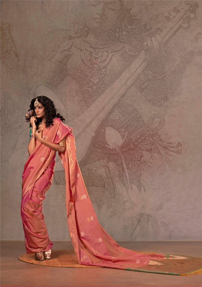 Tiger Orange Kanjeevaram SIlk Saree with Green Designer Blouse