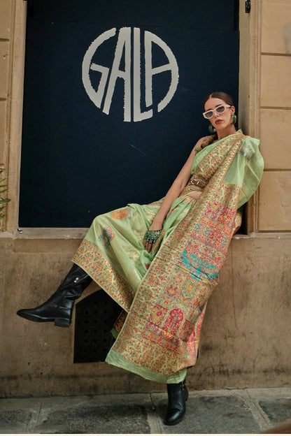 Kelly Green & Golden Heavy Border Kashmiri Silk Saree with Sleeve Less Designer Blouse