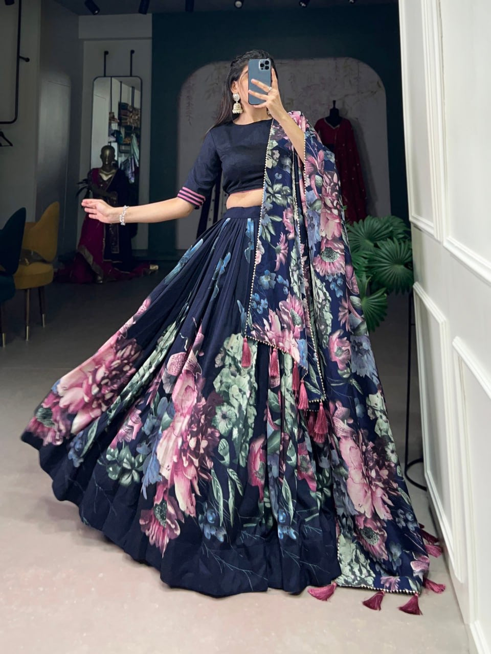 Navy Blue Designer Lehenga Choli with Blouse & Dupatta Having Embellished