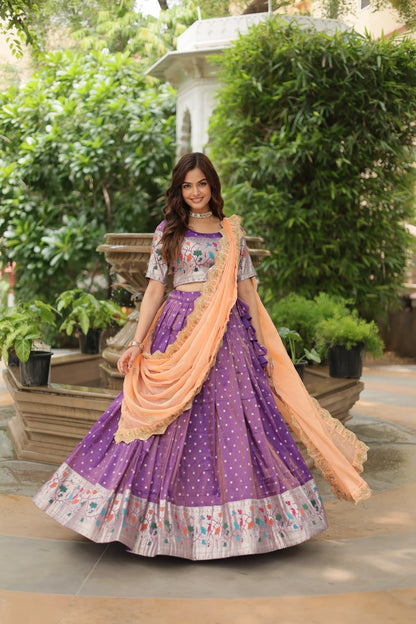 Grape Purple Paithani Style Lehengas with Contrast Dupatta and Matching Blouse