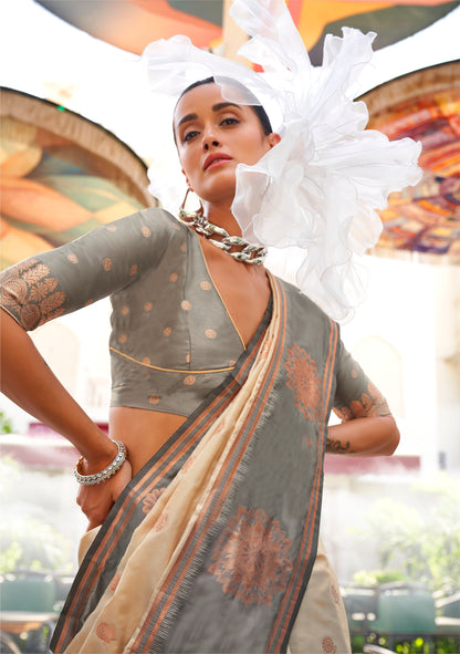 Cream & Golden Border Kanjeevaram Silk Saree with Grey Designer Blouse
