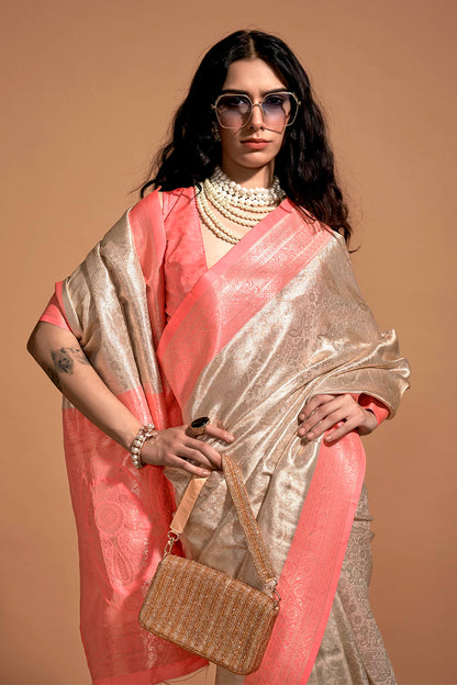 Cream & Peach Pink Kanjeevaram Silk Saree with Contrast Peach Blouse