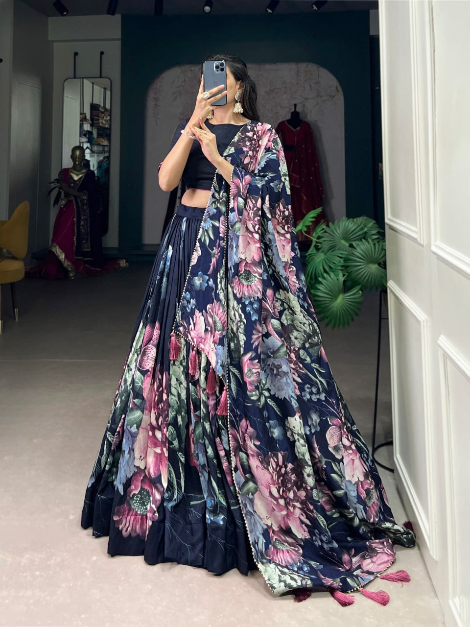 Navy Blue Designer Lehenga Choli with Blouse & Dupatta Having Embellished
