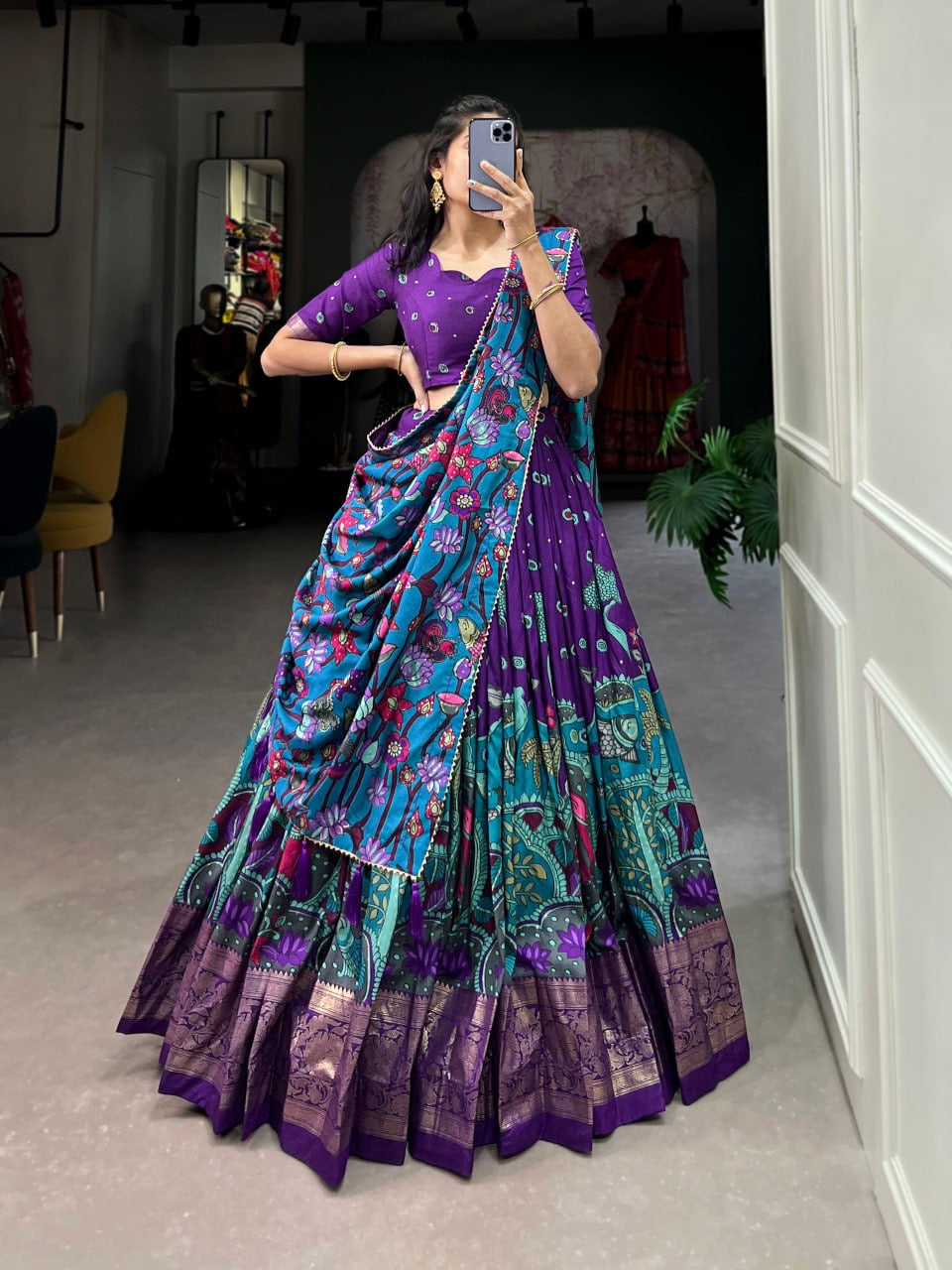 Kalamkari South Indian Style Designer Lehengas with Blouse and Dupatta
