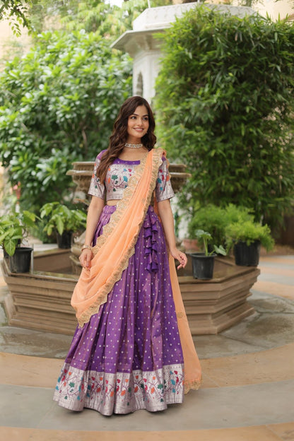 Grape Purple Paithani Style Lehengas with Contrast Dupatta and Matching Blouse